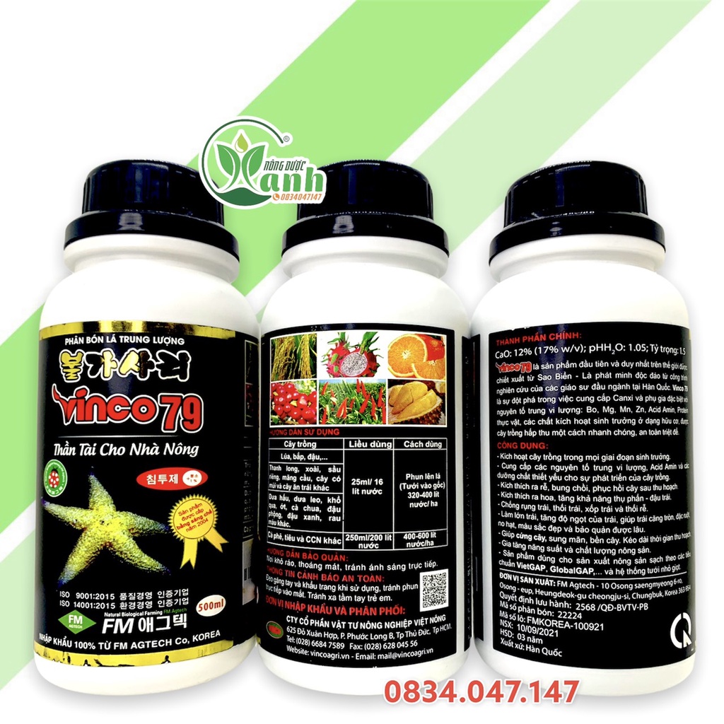 Phân bón Hữu Cơ VINCO79 500ml - giúp tăng khả năng thụ phấn, lớn trái, cây xanh dày lá, bền cây