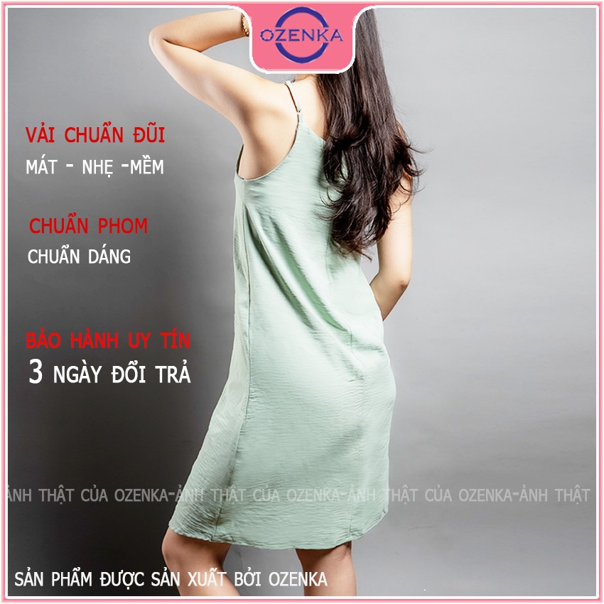 Váy 2 dây suông dáng dài ngang gối OZENKA , đầm maxi đi biển chất đũi hăn mịn nhẹ mát màu đen da mint be VD 451