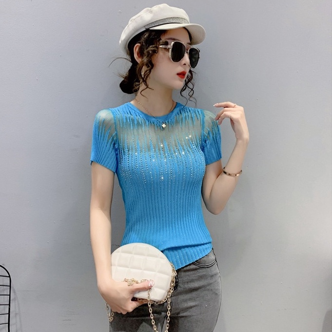 Áo lưới nữ áo thun tay ngắn nữ Đính Đá Thời Trang Mùa Hè