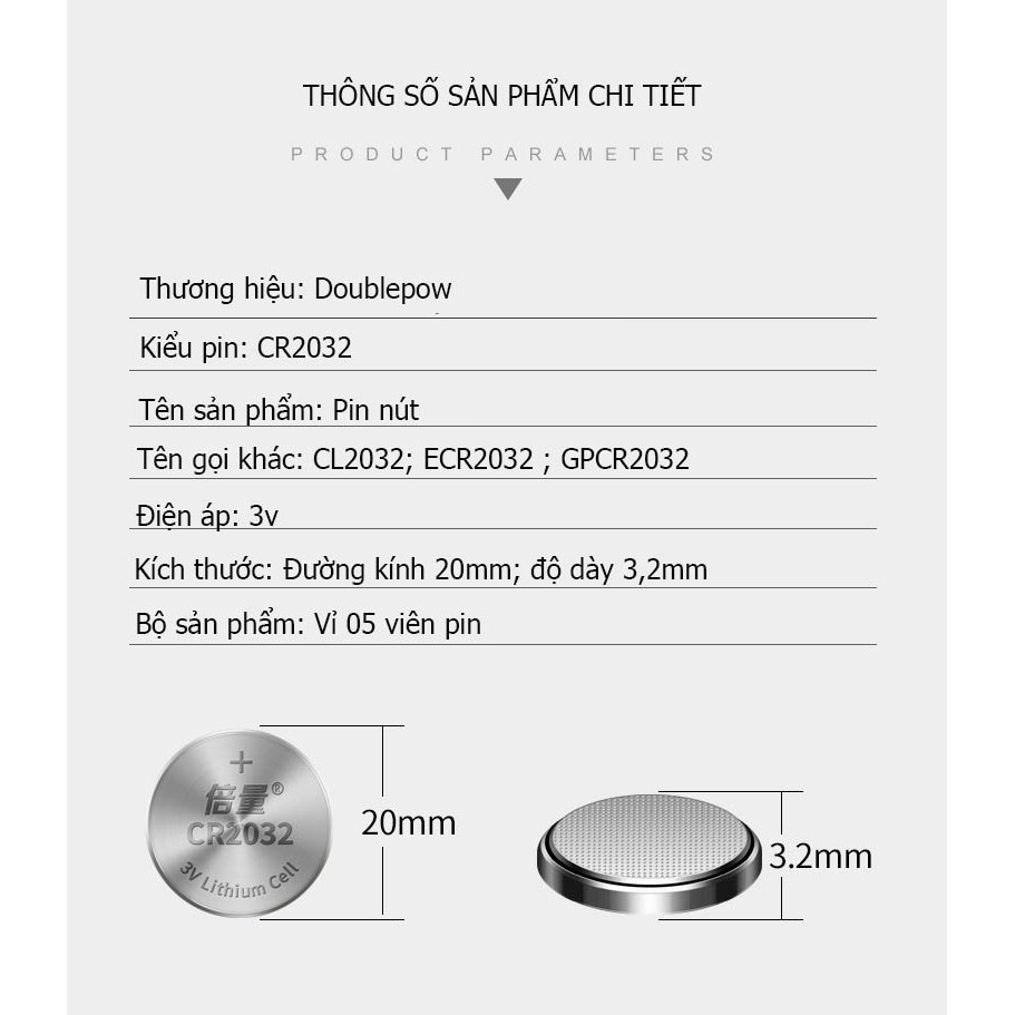 Pin CR2032 - Vỉ 05 viên pin 3V CR2032 - Pin dành cho chìa khóa ô tô cao cấp - Doublepow