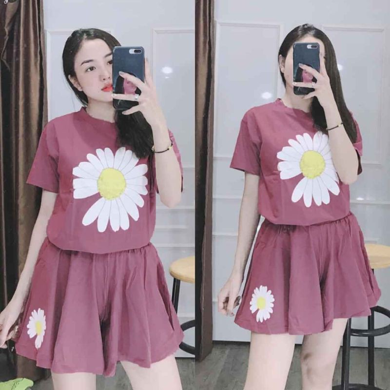 Đồ bộ mặc nhà nữ quần giả váy áo in hoa cúc thun cotton mát mịn