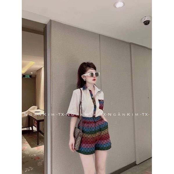 Set bộ sơ mi phối quần cầu vồng thô lụa nhiều màu