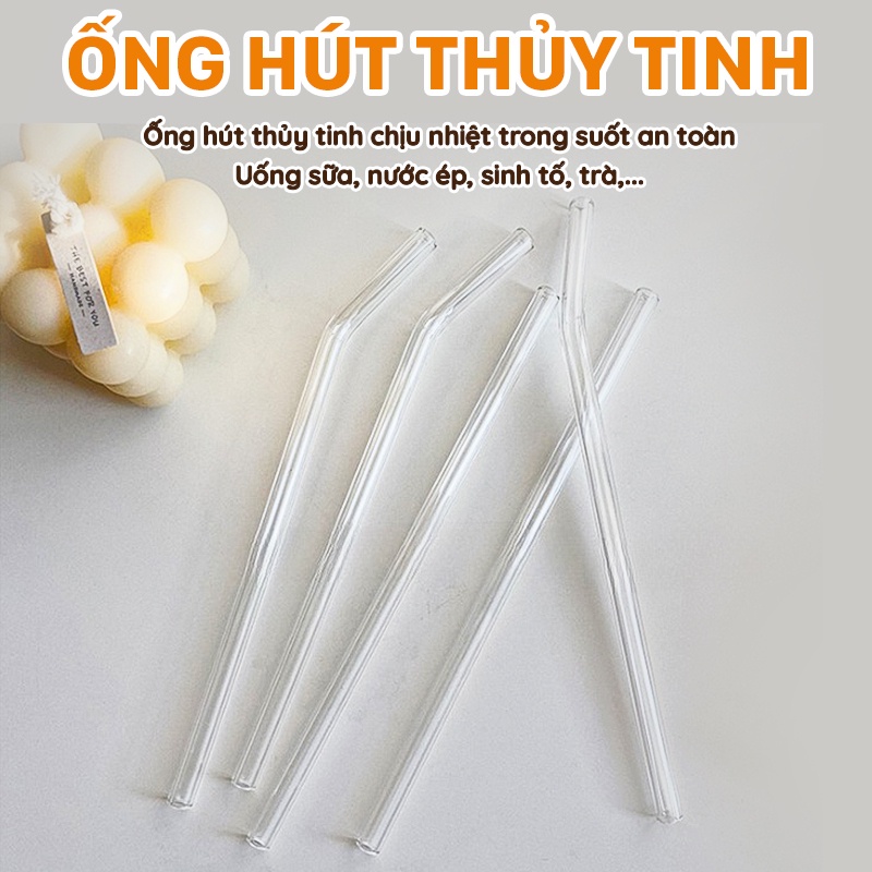 Ống hút thủy tinh chịu nhiệt trong suốt an toàn dáng cong - Uống sữa, nước ép, sinh tố, trà,...