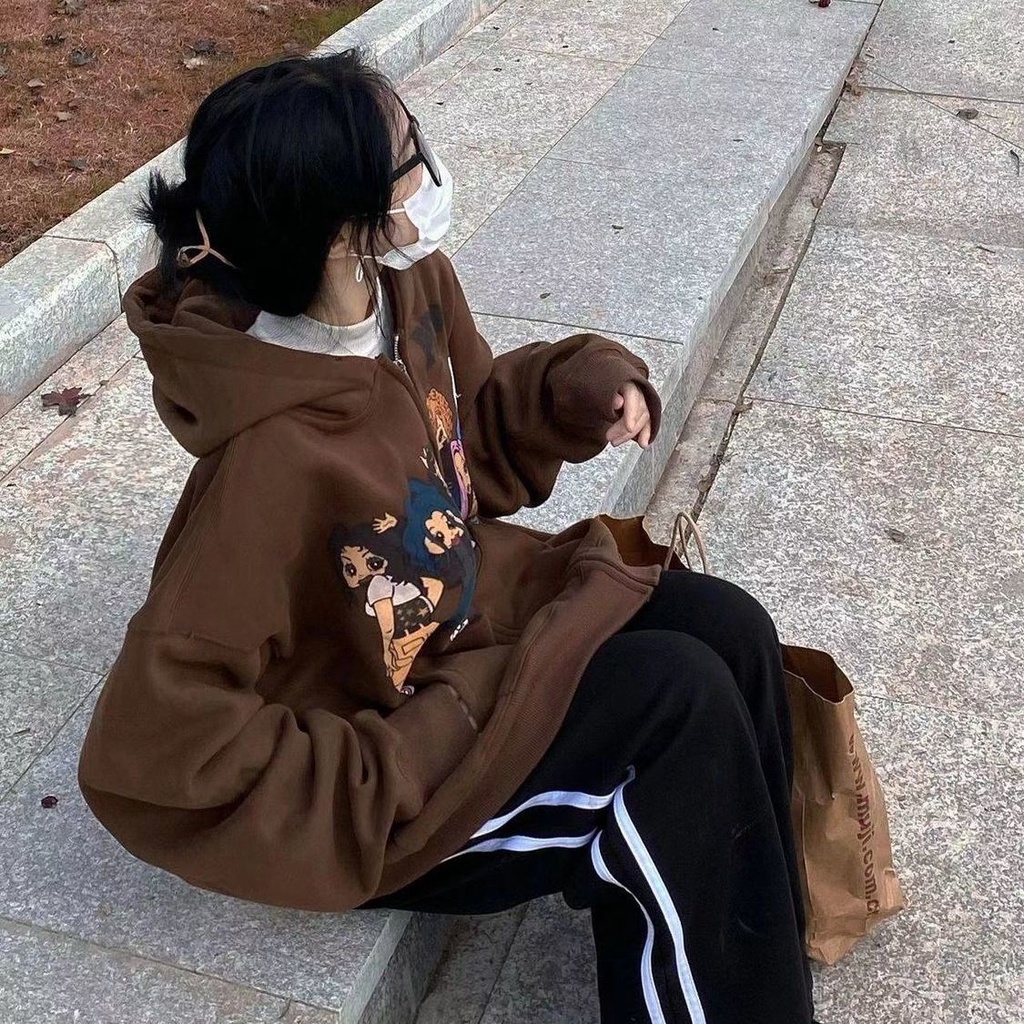 Áo Khoác sweater Màu Nâu Cổ Điển Có Dây Kéo Và Túi Phong Cách Dân Tộc Mỹ Cho Nam Và Nữ st