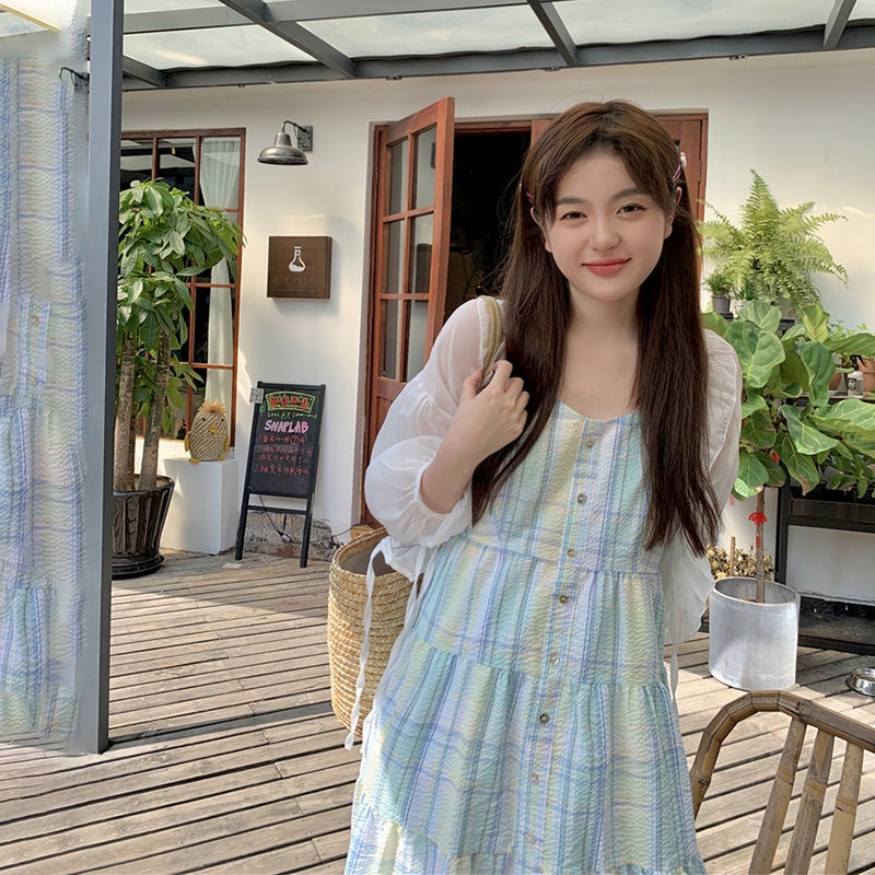 Đầm Hai Dây Họa Tiết Kẻ Sọc Phong Cách Pháp Mẫu Mới Ngọt Ngào Thời Trang Mùa Hè Cho Nữ