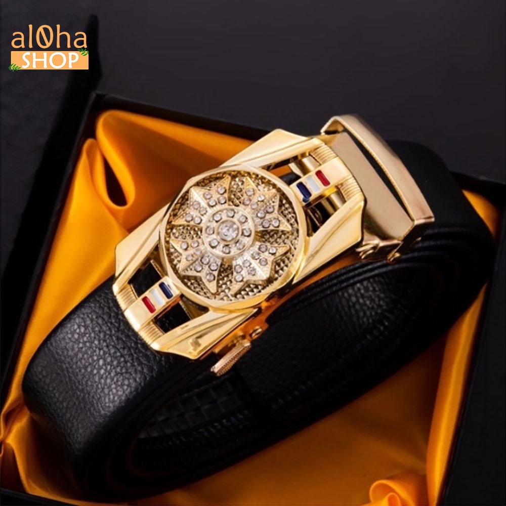 Thắt lưng da nam cao cấp mặt chữ nhật đính đá xoay 360, khoá tự động - al0ha Shop