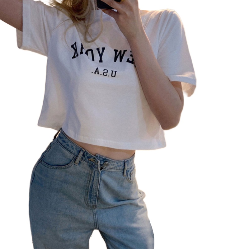 Áo Thun Crop Top Cổ Tròn Tay Ngắn In Chữ Thanh Lịch Dành Cho Nữ