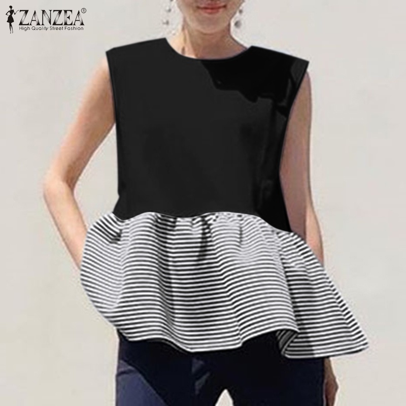 Áo kiểu ZANZEA không tay cổ tròn họa tiết sọc thời trang dành cho nữ