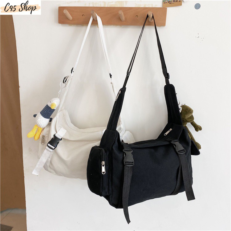 Túi tote đeo chéo nam nữ unisex ulazzang vải canvas hai đai cài dọc cỡ lớn, T023