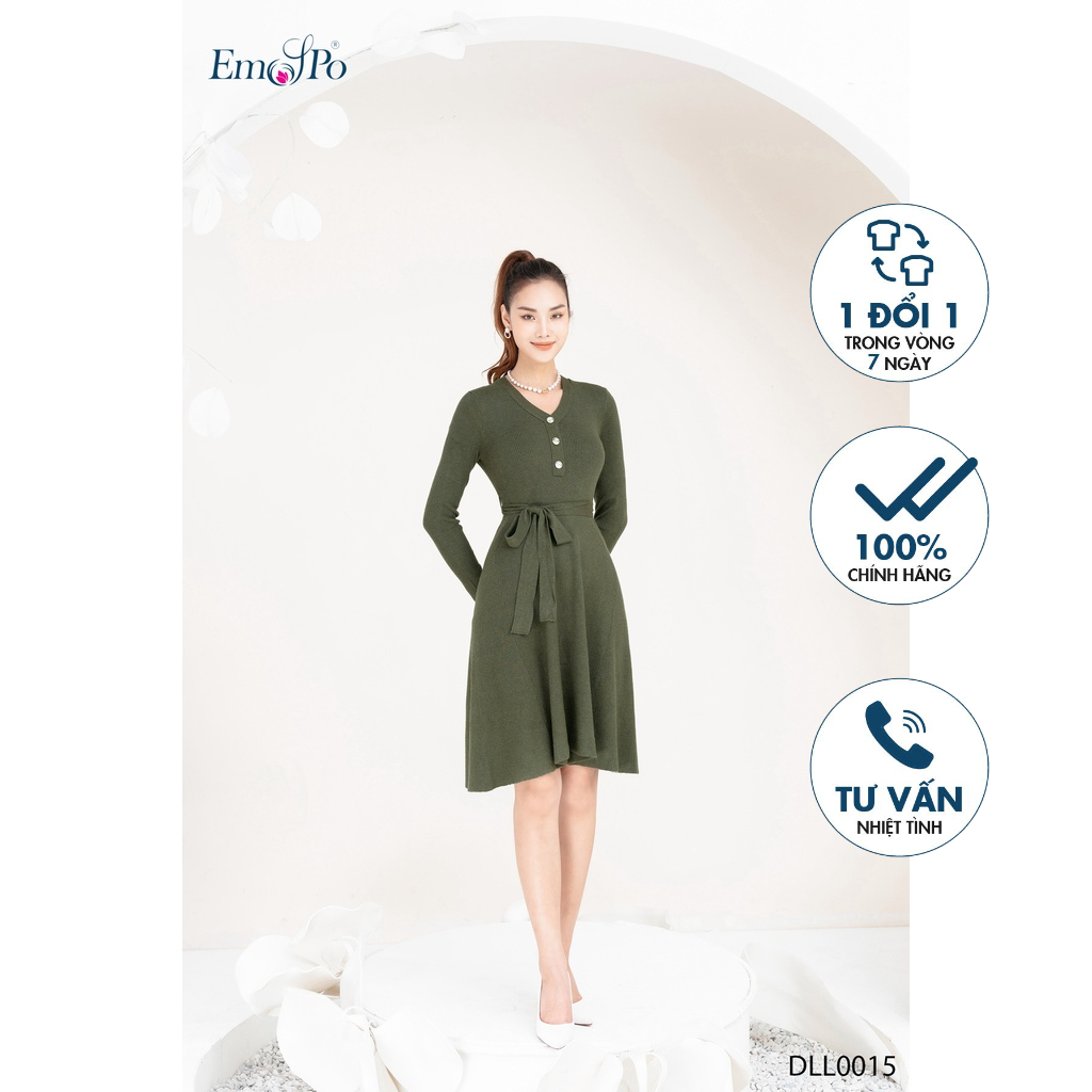 Đầm len xòe cổ tim đai eo rời EMSPO DLL0015