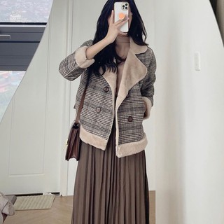 Áo khoác dạ kẻ ô nhỏ lót lông dày dặn 4 khuy Friday