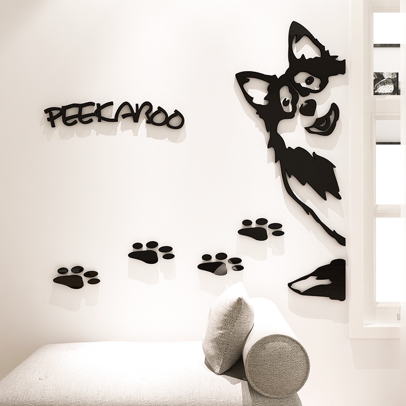 Tranh dán tường mica 3d decor khổ lớn hoạt hình chú chó peekaboo phong cách bắc âu Nhiều Size - EPeBen
