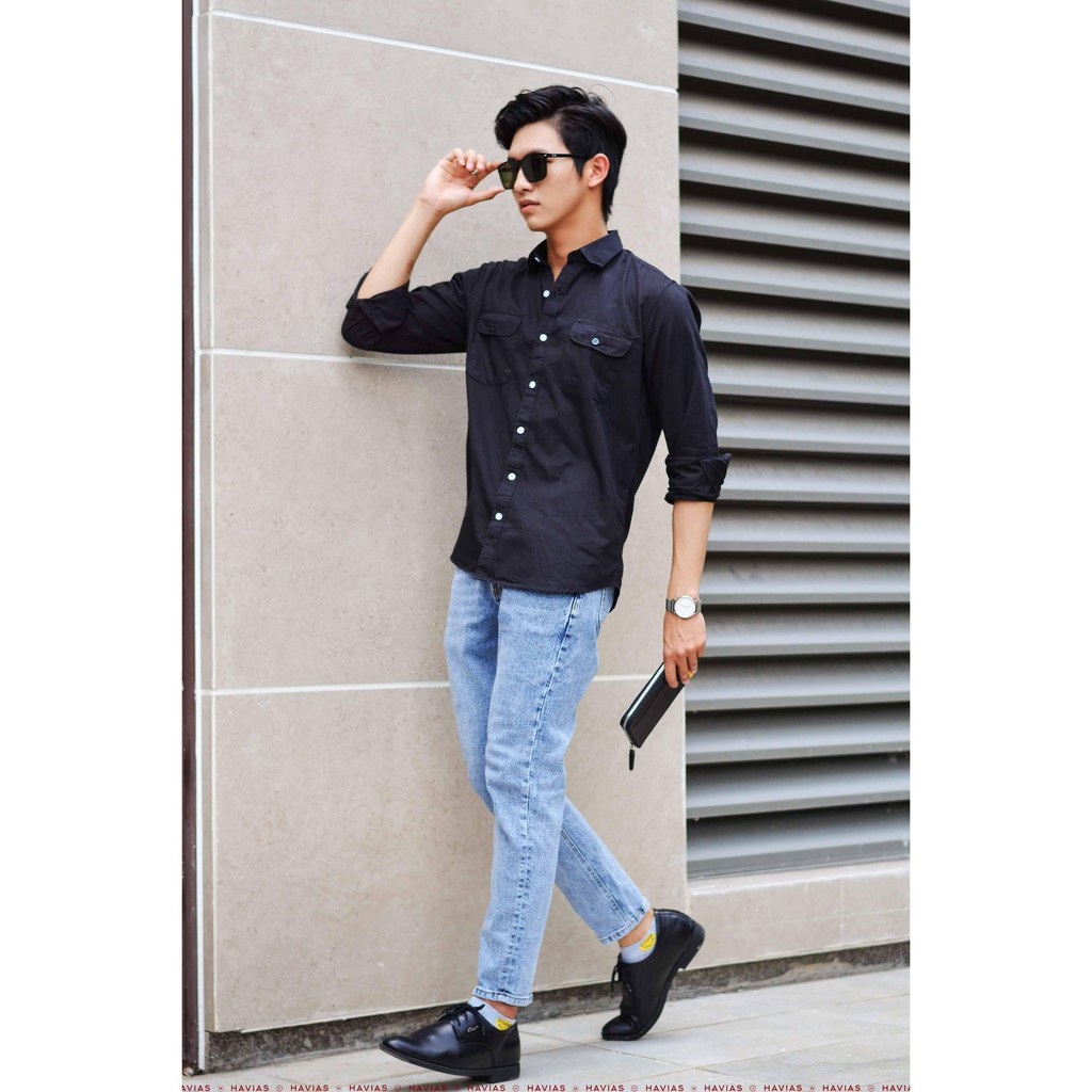 Sơ mi nam tay dài Havias có 2 túi màu đen vải Cotton 100% cao cấp
