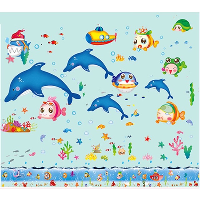 BỘ COMBO DECAL GHÉP ĐÔI dán tường - Cá Heo DẠ QUANG kết hợp nhiều cá và chân tường Đại dương ( 3 TẤM )