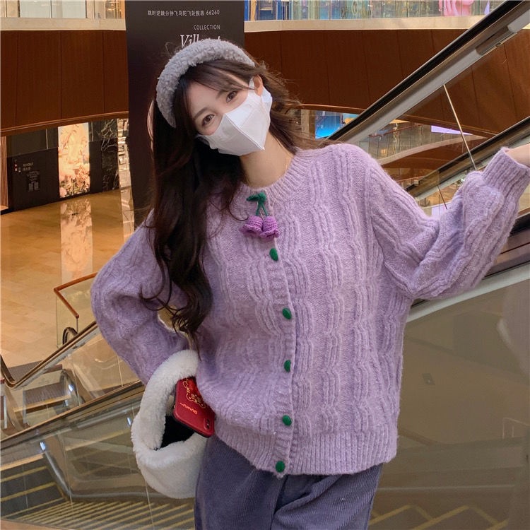 Áo Khoác Cardigan Dệt Kim Dáng Rộng Màu Tím Phong Cách Thời Trang Nhật Bản Mới