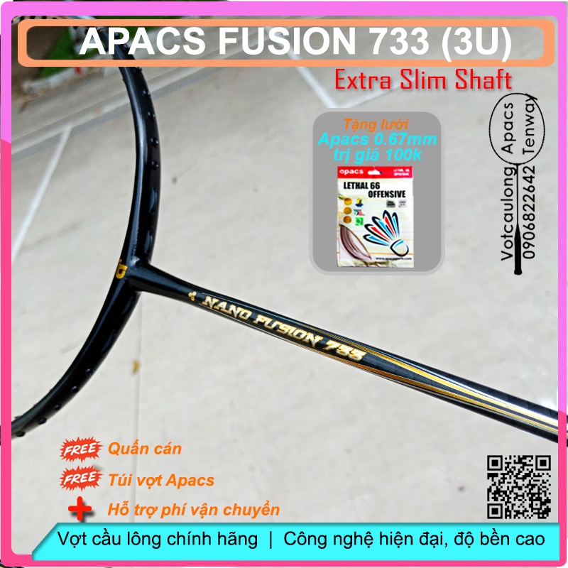 Vợt cầu lông Apacs Nano Fusion 733 (3U)| Vợt 3U thân đũa chống cản gió, đen ngầu nam tính