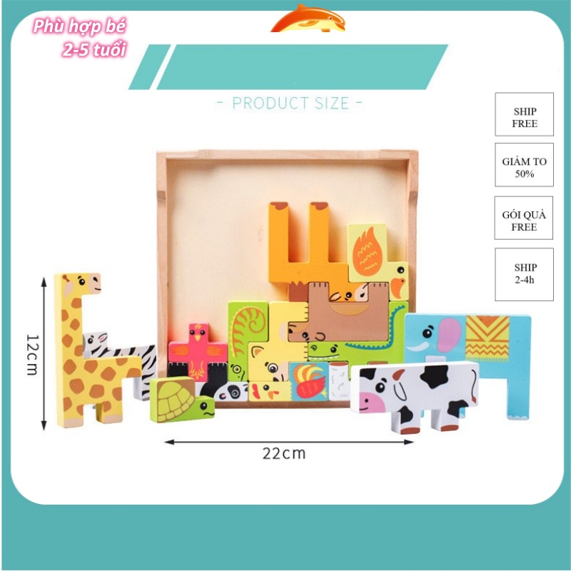 Xếp hình  cho bé bằng gỗ bộ ghép hình puzzle tangram hình con vật ô tô  có 15 ,18 ,31 chi tiết