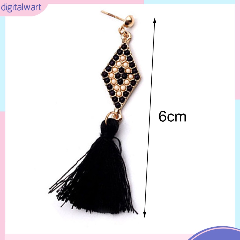 Cặp khuyên tai hình thoi đính đá phối bông tua rua cá tính sang trọng dành cho nữ