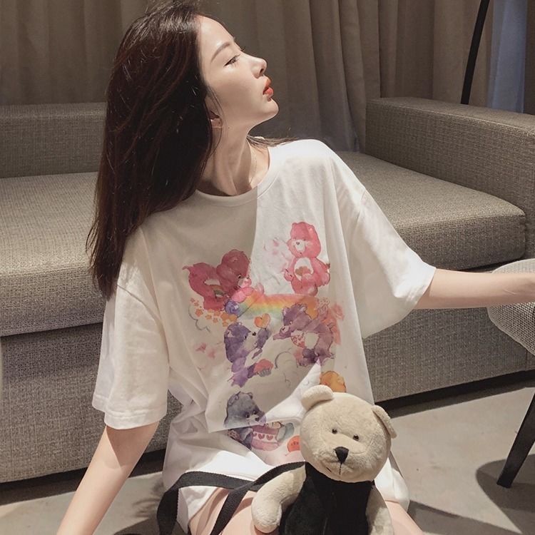 Jiashucheng Áo Thun Cotton Tay Ngắn Dáng Rộng In Hình Gấu Màu Xanh Dương Thời Trang Mùa Hè 2023 Mới Cho Nữ