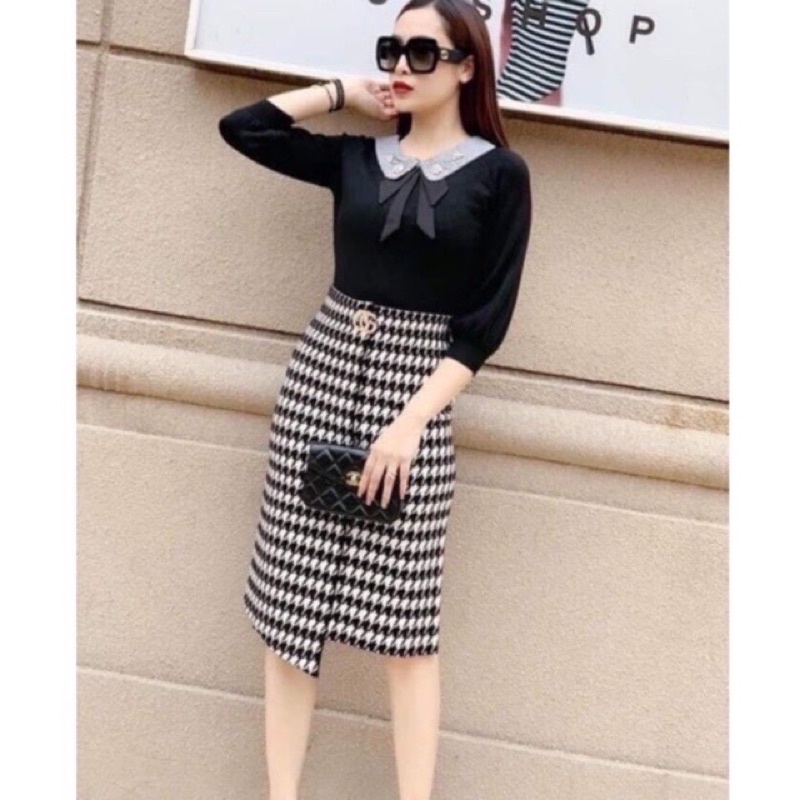 Chân váy len họa tiết dài qua gối 2 kiểu thời trang