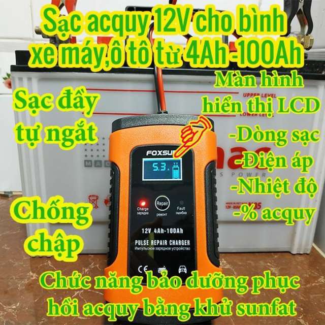 Sạc bình ac quy 12v FOXSUR từ 4Ah-100Ah có chức năng phục hồi acquy bằng khử sunfat, thông minh tự ngắt khi đầy, chống n