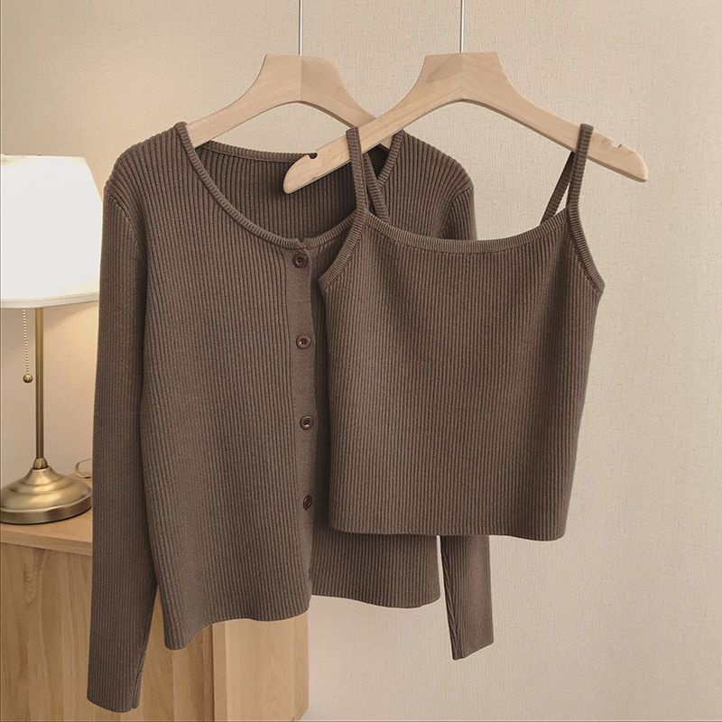 Suspender vest + knitted cardigan women's 2022 new skinny fashion suit autumn blouse