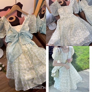 Váy hoa mini xanh dương buộc nơ lưng
