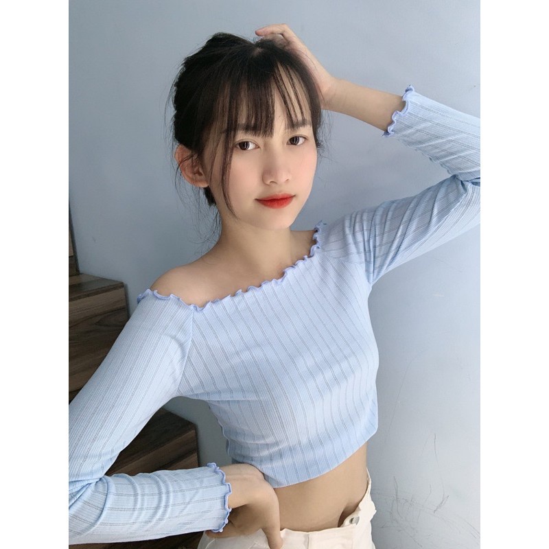 Áo Croptop Kiểu Nữ Trễ Vai Thun Gân Len Tăm Tay Dài Style Dễ thương - AK0040 | bear.story