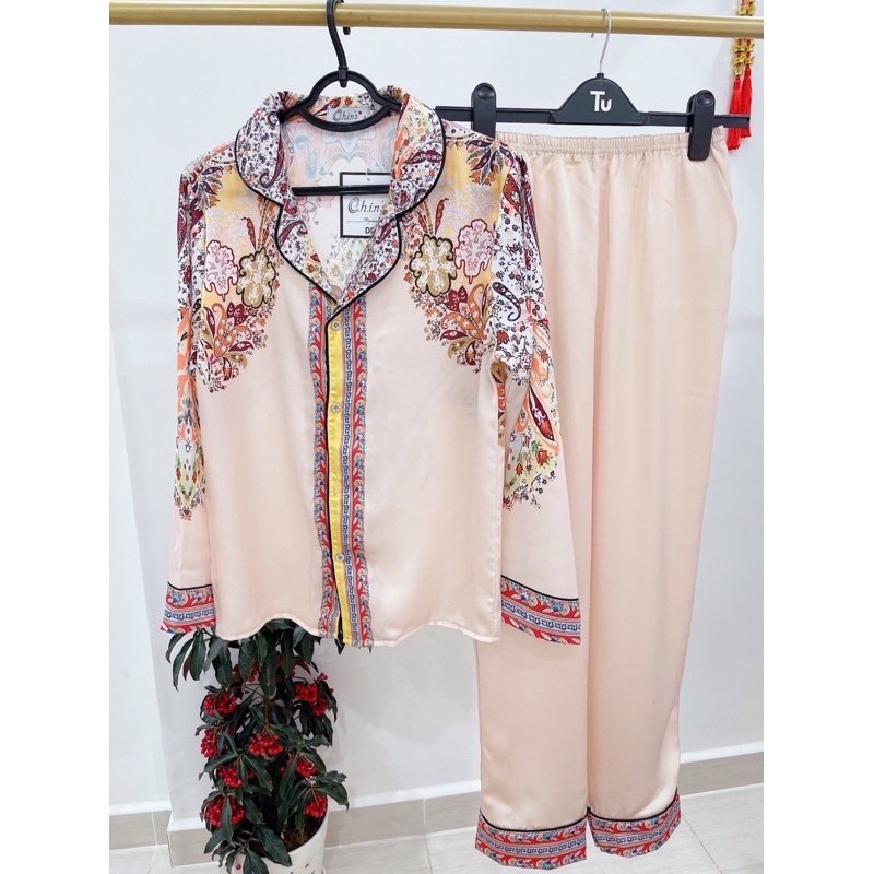 Bộ ngủ Pizama tay dài, bộ ngủ mặc nhà họa tiết chất satin