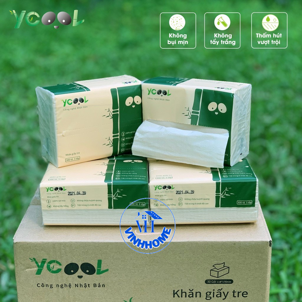 Khăn giấy ăn gấu trúc, khăn giấy than tre YCOOL dai, mềm, mịn 1 gói/ 300 tờ/ 4 lớp Vinhhome.store
