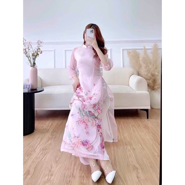Áo Dài Cách Tân Hoa Đào Đính Kết Cao Cấp