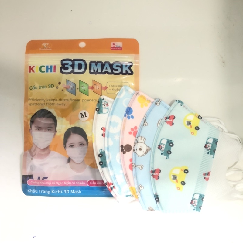 Khẩu trang Kichi 3D mask cho bé gói 5 chiếc ôm sát, dễ thở. Khẩu trang y tế trẻ em