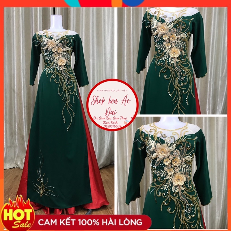 Áo dài xanh rêu cổ trong đính kết thiêt kế hoa ren vang đồng 2 tà, cổ tròn tay lỡ