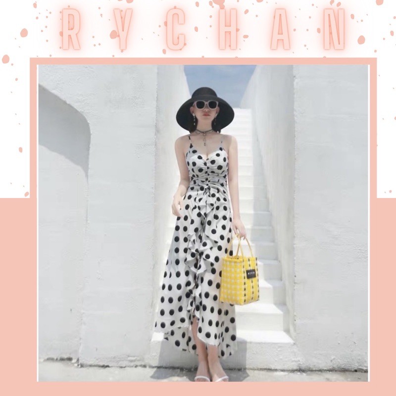 Đầm Xòe Maxi Hai Dây Chấm Bi Rút Ngực Phối Bèo - DM014 | BigBuy360 - bigbuy360.vn