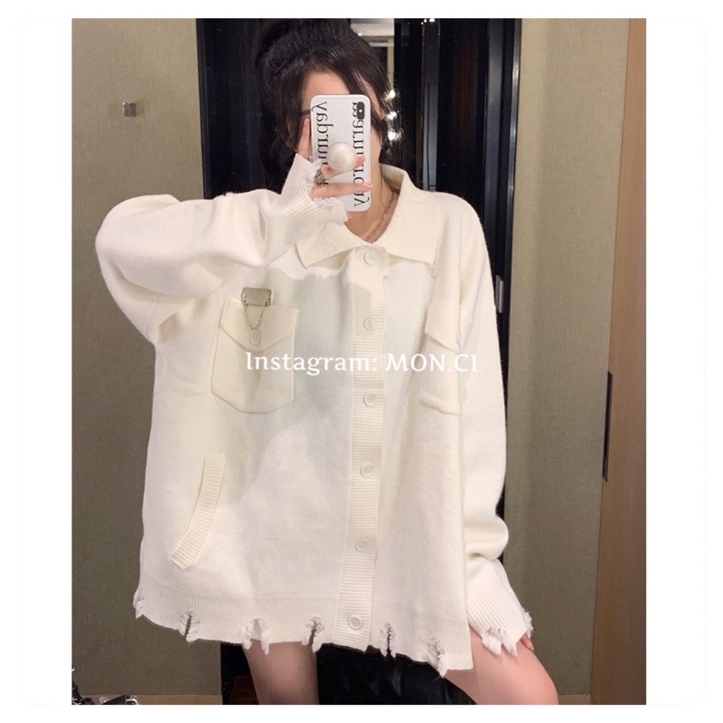 Áo khoác len nữ oversize 2 màu đen trắng cổ POLO tay dài, Áo len cardigan dệt kim túi ngực và túi hai bên eo