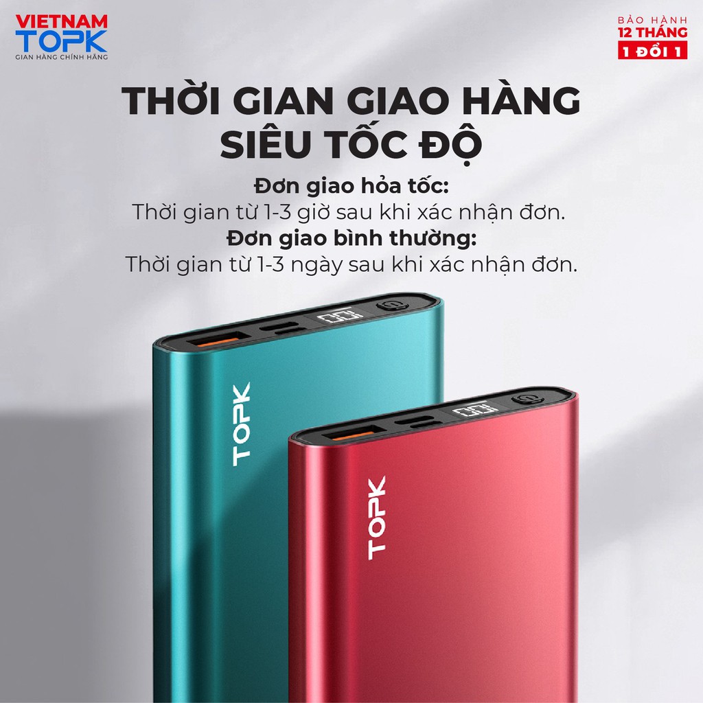 Pin Dự Phòng TOPK I1007P 20W PD QC3.0 10000mAh Sạc Nhanh Hiển Thị Điện Tử