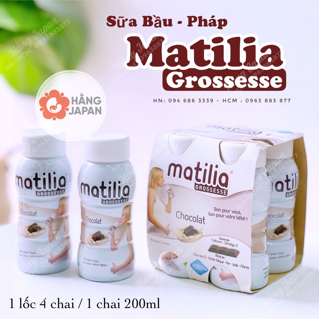 Sữa bầu Matilia Pháp đủ vị Vani, Dâu, Socola ,Giúp mẹ khoẻ mạnh, Thai nhi phát triển toàn diện, Chai 200ml,Lốc 4 chai