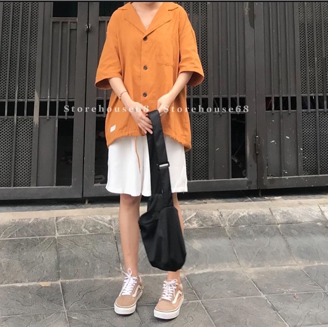 Áo Kiểu NK Shirt ulzzang From rộng oversize tay lỡ chất vải thô dày dặn thiết kế dây rút ở đuôi áo