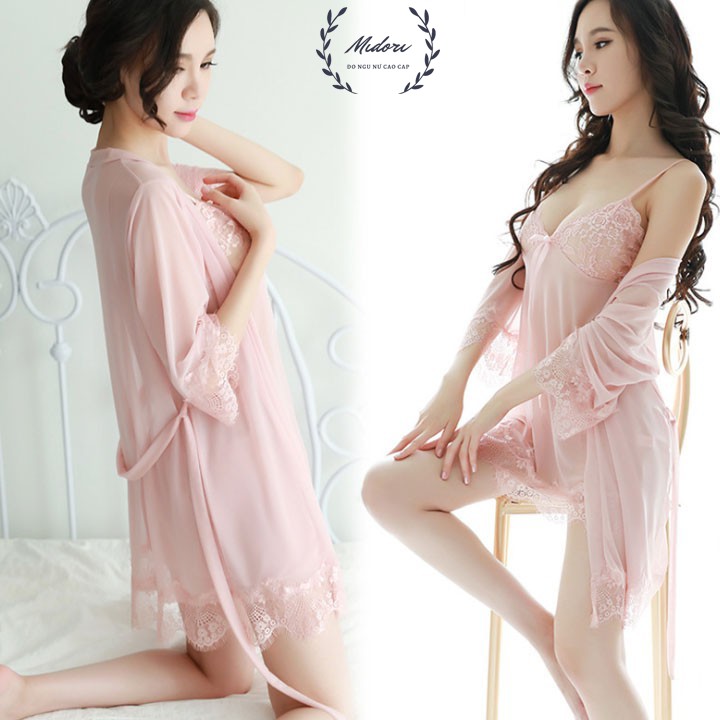 Bộ váy ngủ nữ sexy gợi cảm xuyên thấu MIDORI Đầm ngủ sexy ren voan kèm áo choàng thắt dây Freesize KL01 | BigBuy360 - bigbuy360.vn