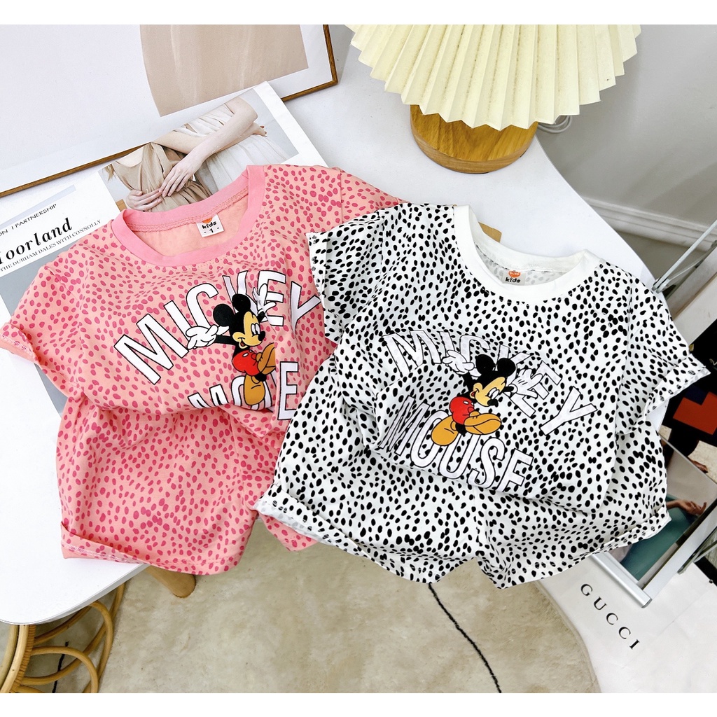 Bộ quần áo cộc tay chất cotton 4c hình beo in hình mickey size 8-32kg cho bé gái