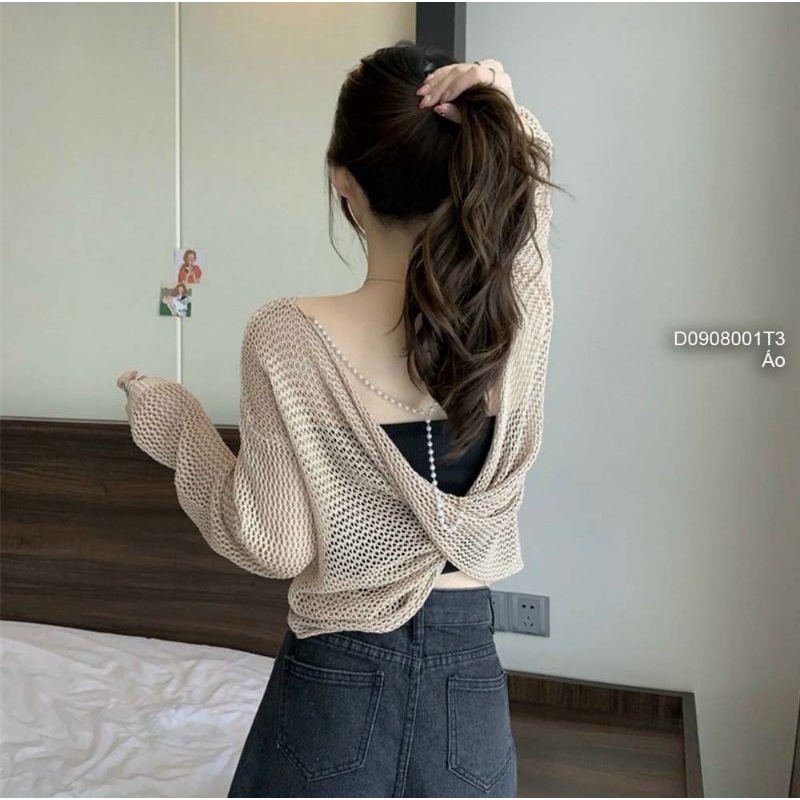 Áo len lưới xoắn lưng gắn dây chuỗi ngọc tay dài hàng QC!
