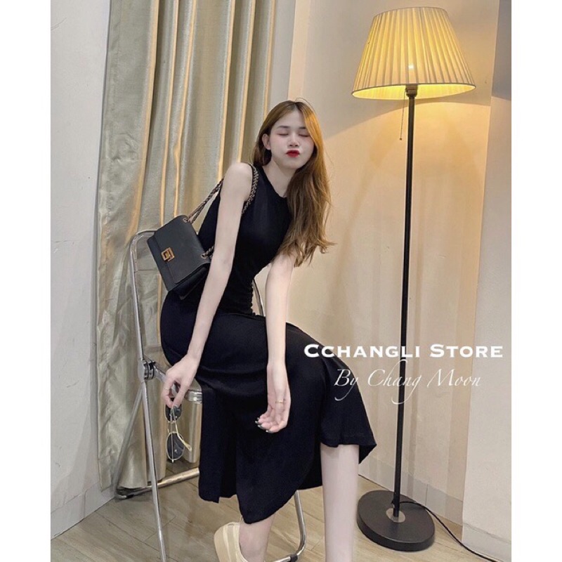 VÁY ĐEN BA LỖ SÁT NÁCH DÁNG DÀI MAXI
