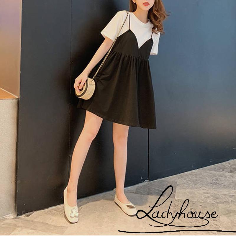 Đầm Ngắn Tay Giả Hai Mảnh Dáng Suông Cổ Tròn Thời Trang Mùa Hè Cho Nữ