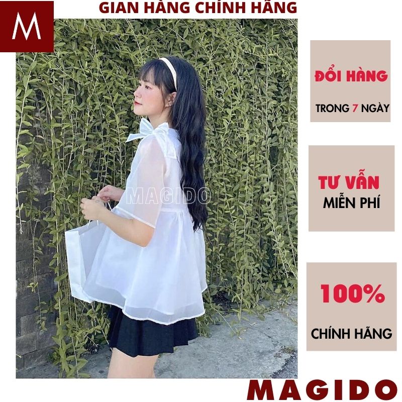 Áo babydoll nữ voan tơ 2 lớp nơ vai kiểu dáng hàn quốc ulzzang tiểu thư bánh bèo dễ thương -MAGIDO