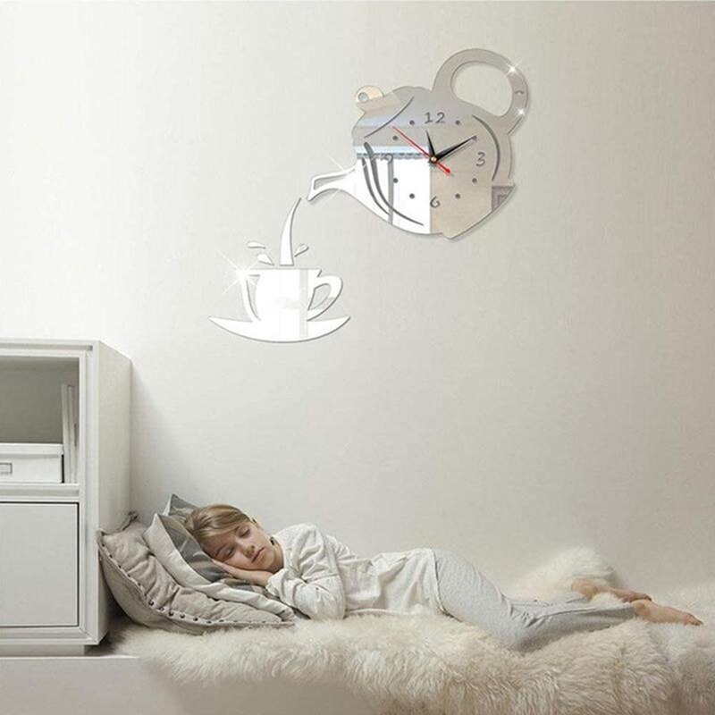 Đồng Hồ Dán Tường 3d Mặt Gương Hình Ấm Trà Sáng Tạo