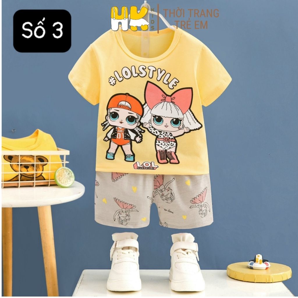 Bộ quần áo cộc tay bé gái HK KIDS, bộ đồ ngắn tay cotton mềm mát size cho bé từ 1-7 tuổi