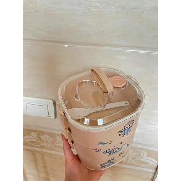 Hộp Cơm Trưa Văn Phòng 3 Tầng kèm thìa và sticker