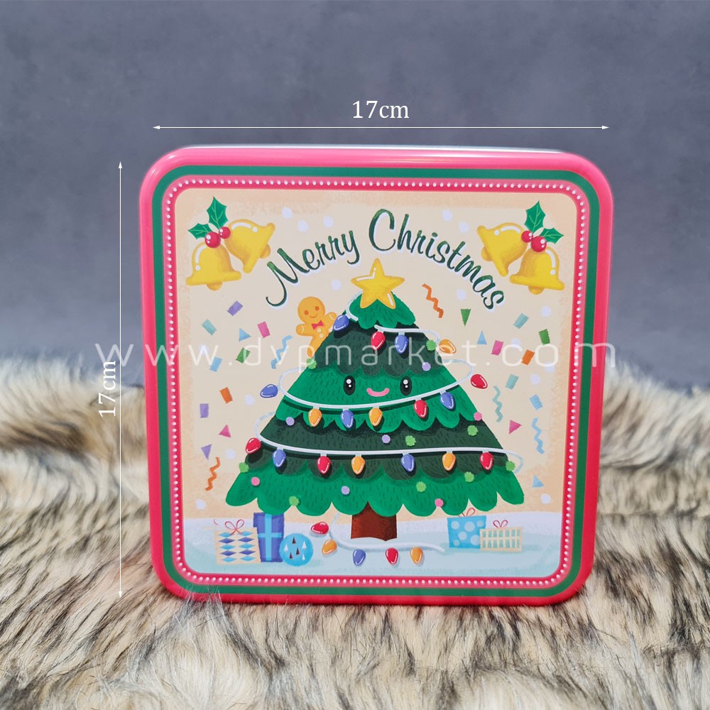 Hộp thiếc đựng bánh kẹo, bánh quy Giáng Sinh hình vuông kích thước 17x17x6cm (300g-500g thành phẩm)