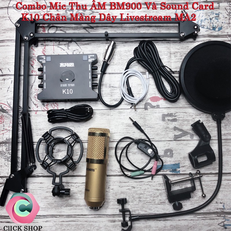 combo mic thu âm bm900 sound card XOX K10 chân màng dây livestream MA2 - Bộ mic livestream đầy đủ