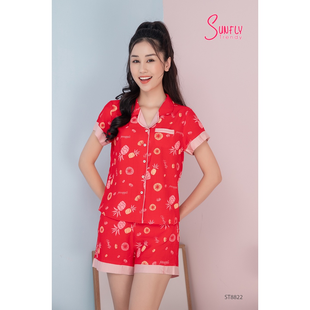 Bộ Đồ Mặc Nhà Nữ Pijamas Linen Sunfly Áo Cộc Quần Sooc St8822